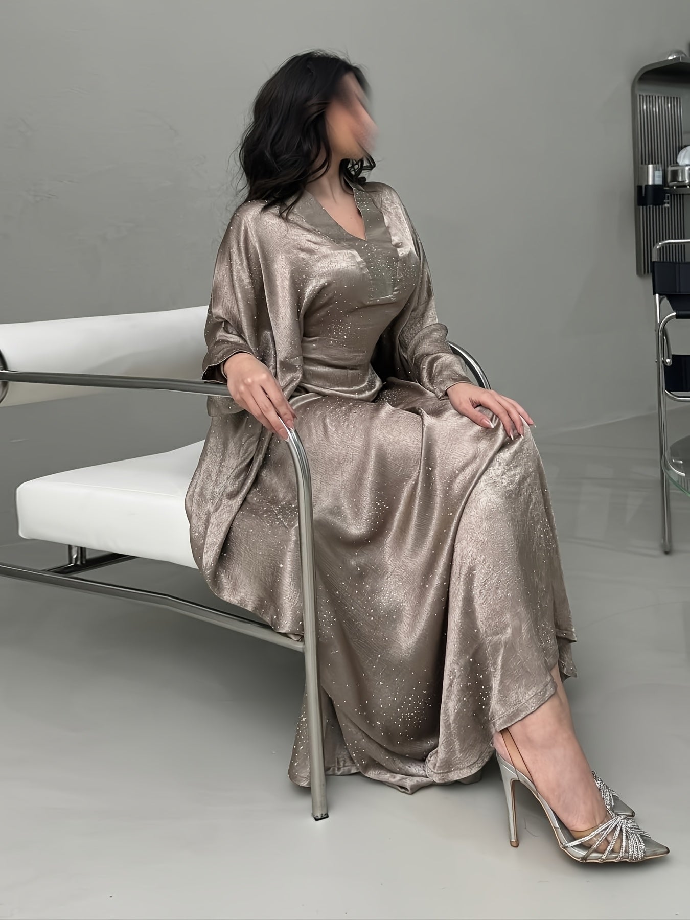 Elegant Blue Rhinestone Abaya - Modest Long Sleeve Pullover Maxi Dress for Women, Traditional Arabic Style, Perfect for Spring/Summer, Elegant Attire | Traditional Abaya | Polyester Fabric