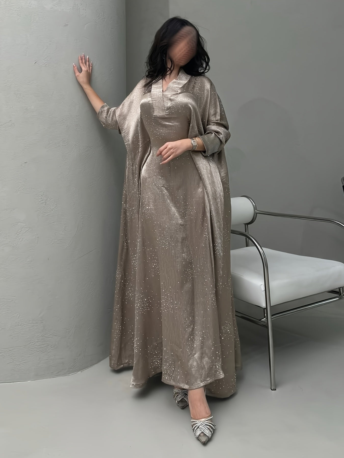 Elegant Blue Rhinestone Abaya - Modest Long Sleeve Pullover Maxi Dress for Women, Traditional Arabic Style, Perfect for Spring/Summer, Elegant Attire | Traditional Abaya | Polyester Fabric