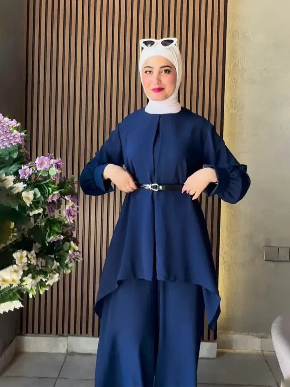 Muslim Two Piece Set Women Top Sashes Wide Leg Pants Suit Ramadan Morocco Dubai Islam Casual Ensemble Femme Arabic Outfits