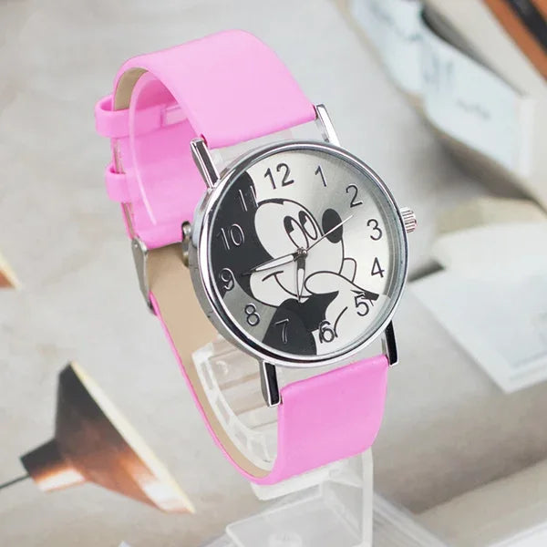 Disney Mickey Children's Watches For Kids Leather Strap Ladies Quartz Clock Student Watch for boy girl birthday gift