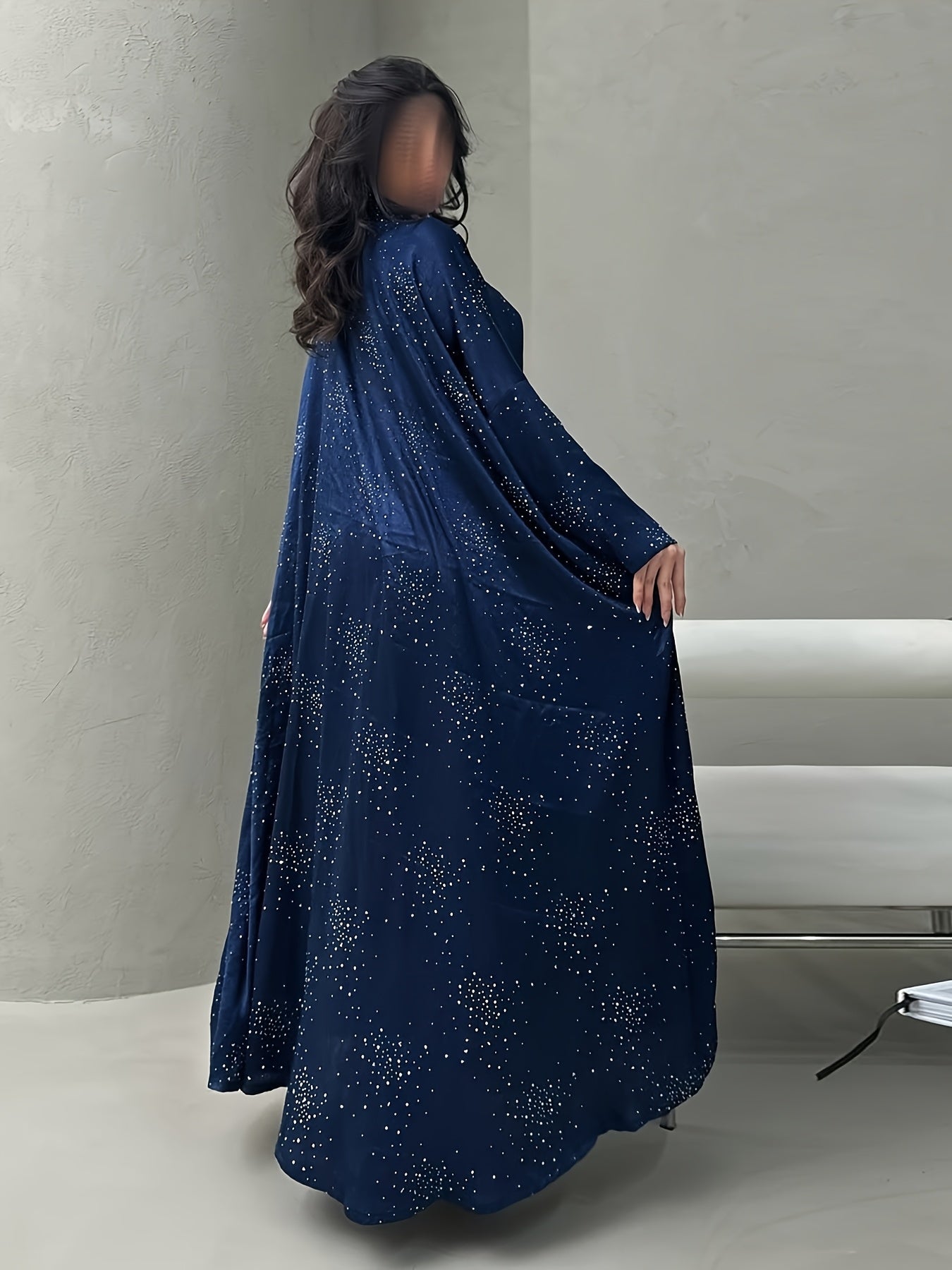 Elegant Blue Rhinestone Abaya - Modest Long Sleeve Pullover Maxi Dress for Women, Traditional Arabic Style, Perfect for Spring/Summer, Elegant Attire | Traditional Abaya | Polyester Fabric