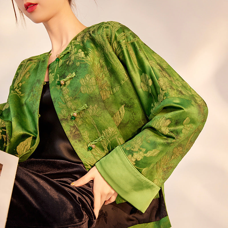 Chinese Style Traditional Printed Rayon Top Retro Design Baggy Coat Women's Clothing