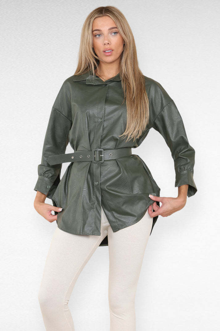 Faux Leather Belted Look Shirt
