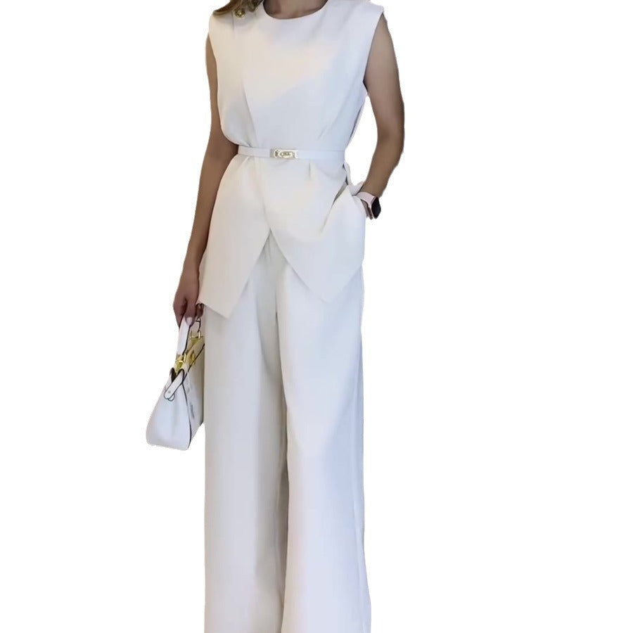 Solid Color Round Neck Sleeveless Top High Waist Wide Leg Pants Two-piece Set
