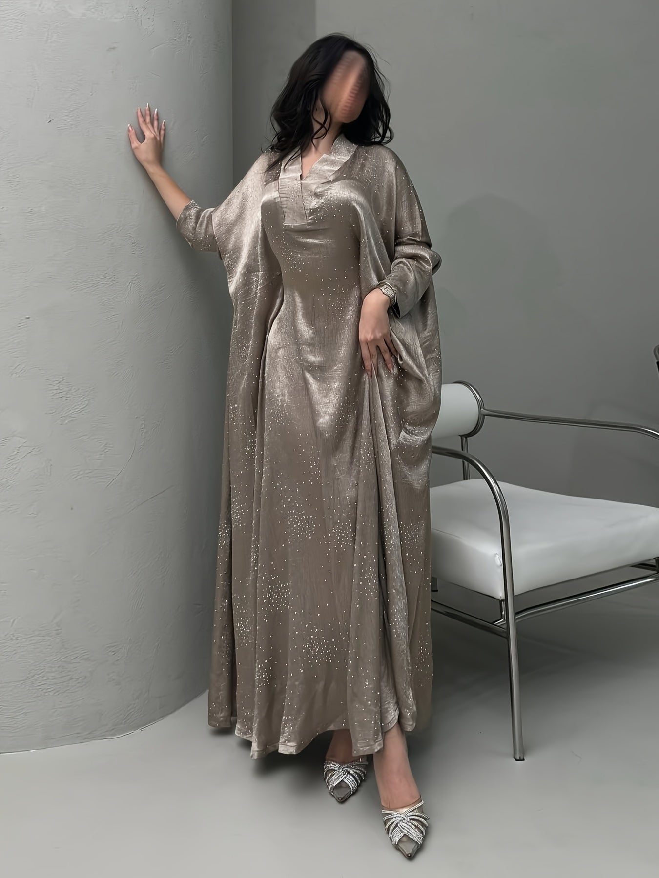 Elegant Blue Rhinestone Abaya - Modest Long Sleeve Pullover Maxi Dress for Women, Traditional Arabic Style, Perfect for Spring/Summer, Elegant Attire | Traditional Abaya | Polyester Fabric