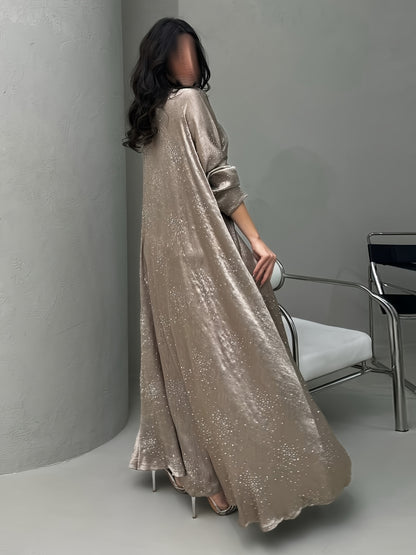 Elegant Blue Rhinestone Abaya - Modest Long Sleeve Pullover Maxi Dress for Women, Traditional Arabic Style, Perfect for Spring/Summer, Elegant Attire | Traditional Abaya | Polyester Fabric