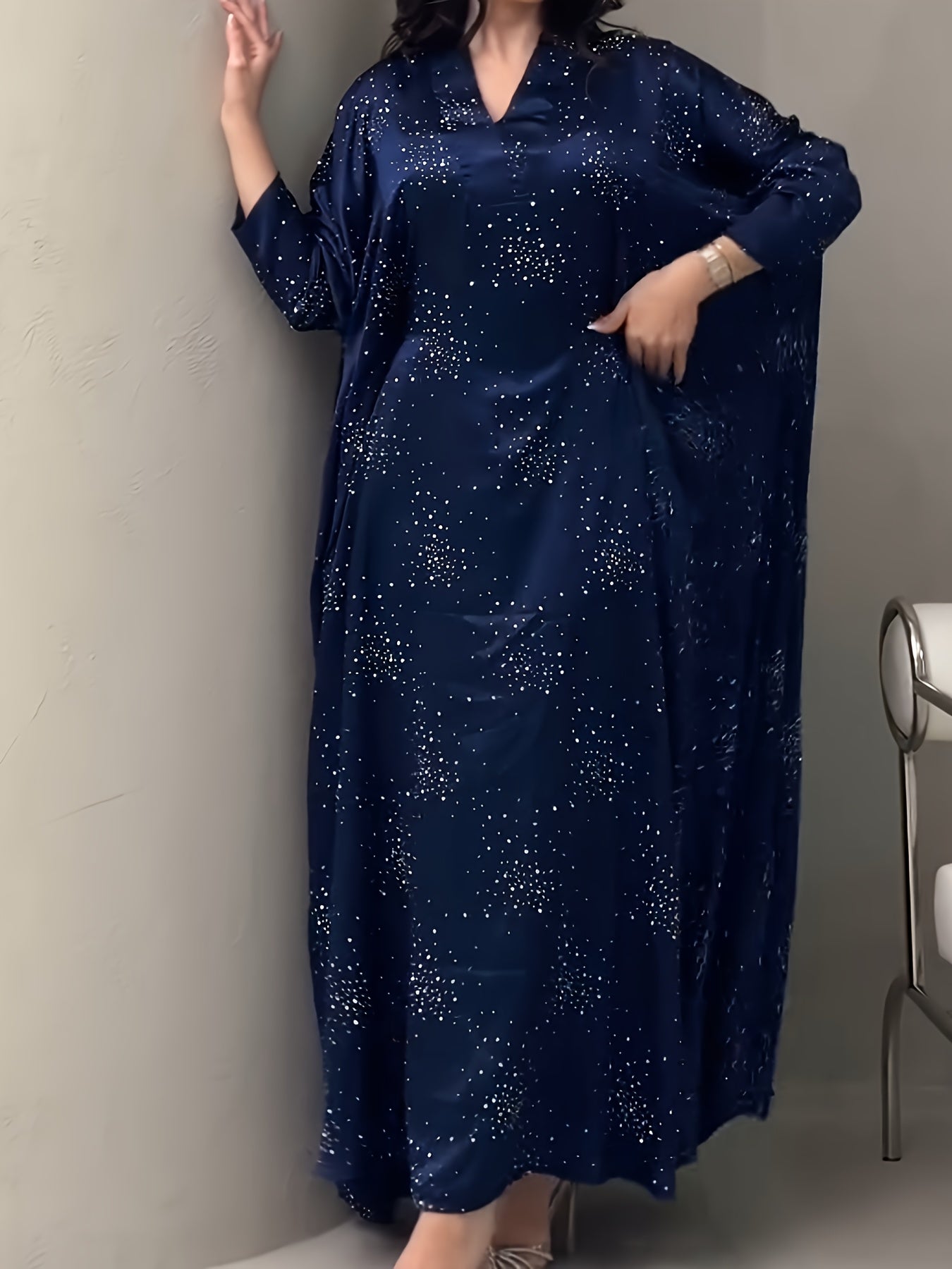 Elegant Blue Rhinestone Abaya - Modest Long Sleeve Pullover Maxi Dress for Women, Traditional Arabic Style, Perfect for Spring/Summer, Elegant Attire | Traditional Abaya | Polyester Fabric