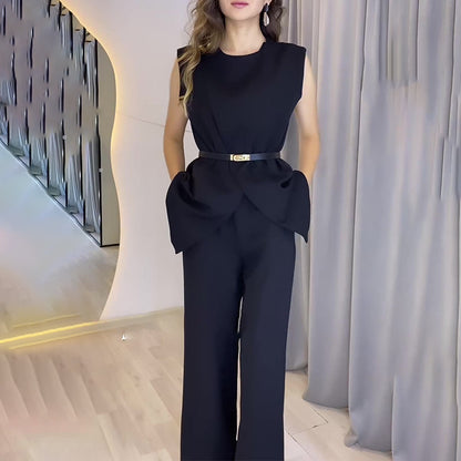 Solid Color Round Neck Sleeveless Top High Waist Wide Leg Pants Two-piece Set