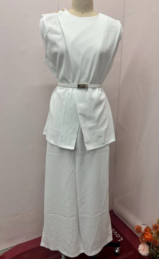 Solid Color Round Neck Sleeveless Top High Waist Wide Leg Pants Two-piece Set