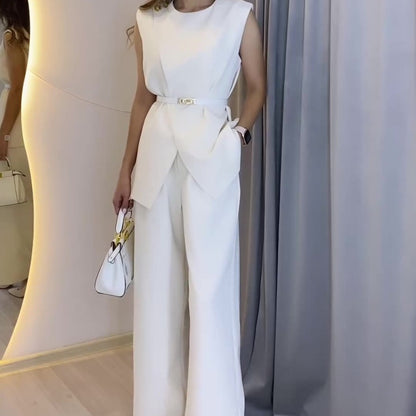 Solid Color Round Neck Sleeveless Top High Waist Wide Leg Pants Two-piece Set