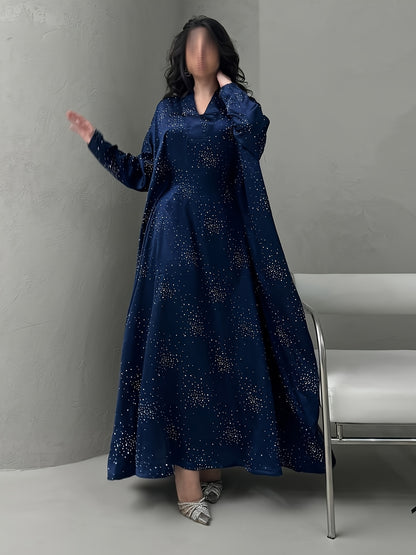 Elegant Blue Rhinestone Abaya - Modest Long Sleeve Pullover Maxi Dress for Women, Traditional Arabic Style, Perfect for Spring/Summer, Elegant Attire | Traditional Abaya | Polyester Fabric