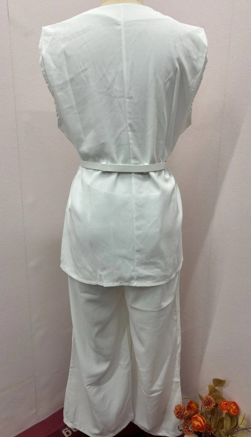 Solid Color Round Neck Sleeveless Top High Waist Wide Leg Pants Two-piece Set