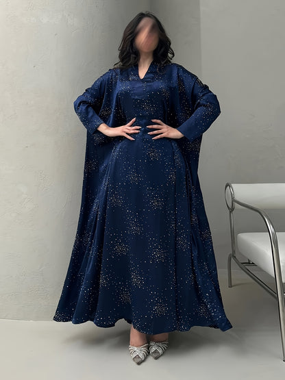 Elegant Blue Rhinestone Abaya - Modest Long Sleeve Pullover Maxi Dress for Women, Traditional Arabic Style, Perfect for Spring/Summer, Elegant Attire | Traditional Abaya | Polyester Fabric
