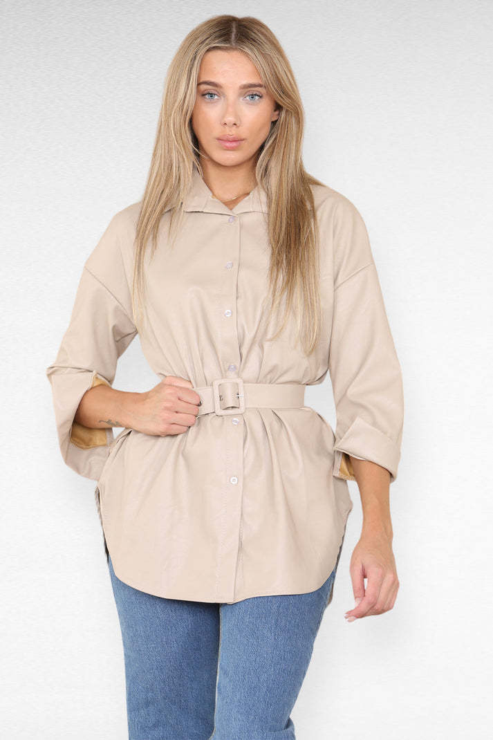 Faux Leather Belted Look Shirt