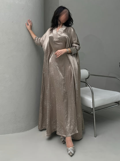 Elegant Blue Rhinestone Abaya - Modest Long Sleeve Pullover Maxi Dress for Women, Traditional Arabic Style, Perfect for Spring/Summer, Elegant Attire | Traditional Abaya | Polyester Fabric