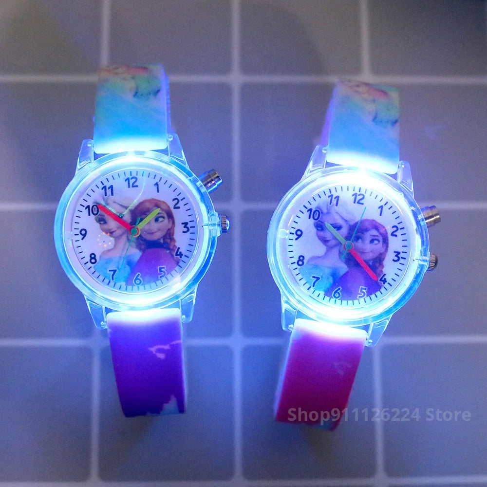 Disney Princess Elsa Kids Watches Girls Silicone Strap Cartoon Luminous Light Children Wrist Watch Toys Clock reloj infantil