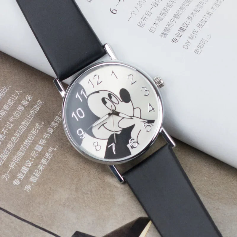 Disney Mickey Children's Watches For Kids Leather Strap Ladies Quartz Clock Student Watch for boy girl birthday gift