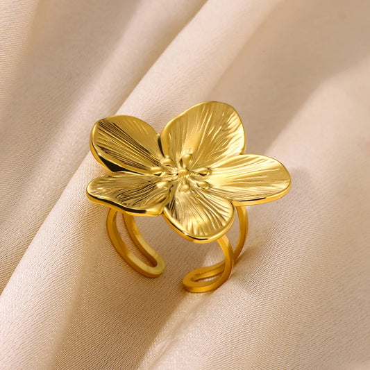 Elegant large flower stainless steel rings