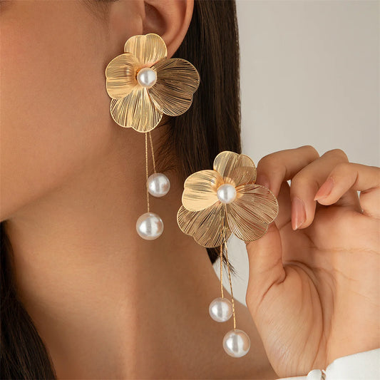 Women's Romantic Flower Petal Long Tassel Drop Earrings