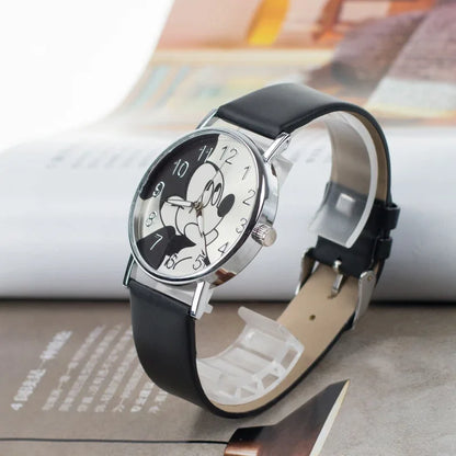 Disney Mickey Children's Watches For Kids Leather Strap Ladies Quartz Clock Student Watch for boy girl birthday gift