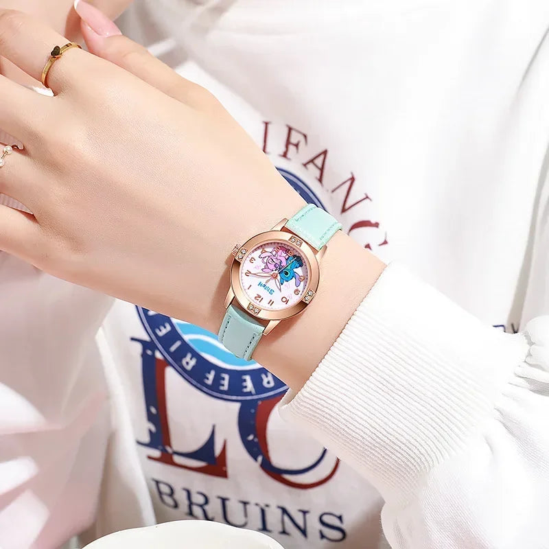 Disney Children's Watches Cute Cartoon Stitch Imitation Diamond Belt Student Quartz Watch Simple and Exquisite Gift