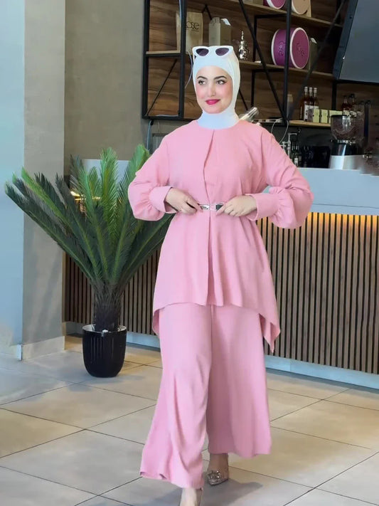 Muslim Two Piece Set Women Top Sashes Wide Leg Pants Suit Ramadan Morocco Dubai Islam Casual Ensemble Femme Arabic Outfits