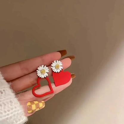 White Flower Red Heart Earring Stud