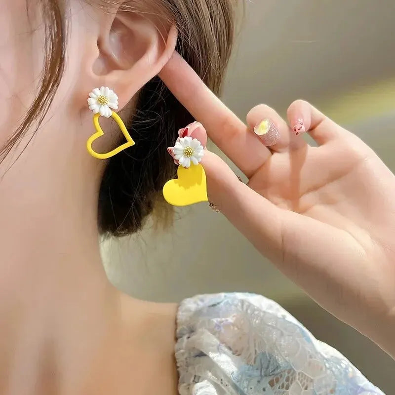 White Flower Red Heart Earring Stud