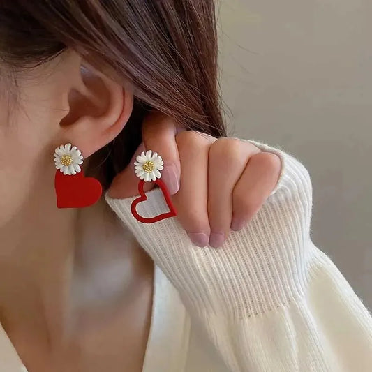 White Flower Red Heart Earring Stud