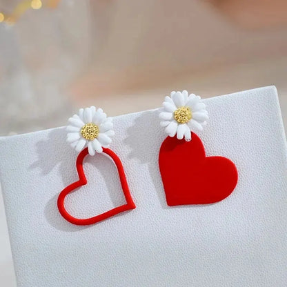 White Flower Red Heart Earring Stud