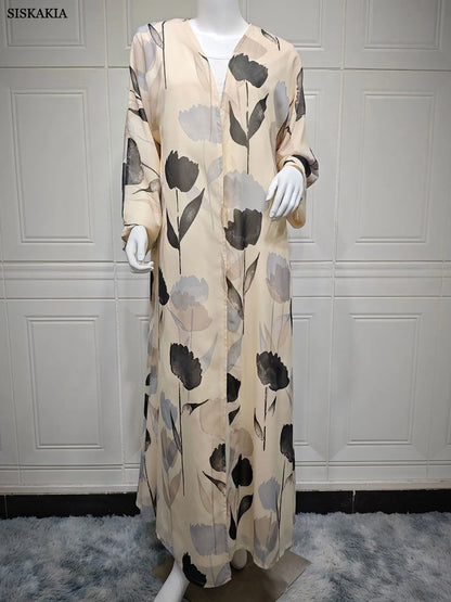 Siskakia Ramadan Muslim Woman’s Floral Print Long Dresses Modest Elegant Cardigan with Hijab Casual Loose Abayas