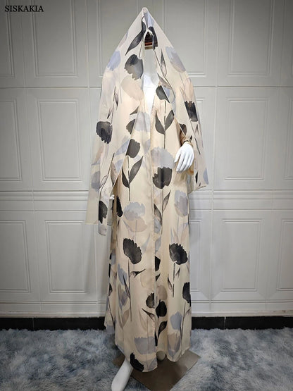 Siskakia Ramadan Muslim Woman’s Floral Print Long Dresses Modest Elegant Cardigan with Hijab Casual Loose Abayas