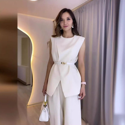 Solid Color Round Neck Sleeveless Top High Waist Wide Leg Pants Two-piece Set