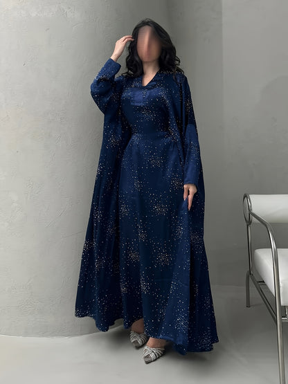Elegant Blue Rhinestone Abaya - Modest Long Sleeve Pullover Maxi Dress for Women, Traditional Arabic Style, Perfect for Spring/Summer, Elegant Attire | Traditional Abaya | Polyester Fabric