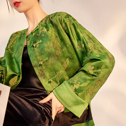 Chinese Style Traditional Printed Rayon Top Retro Design Baggy Coat Women's Clothing