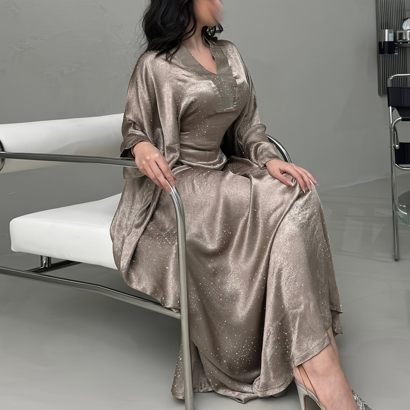 Elegant Blue Rhinestone Abaya - Modest Long Sleeve Pullover Maxi Dress for Women, Traditional Arabic Style, Perfect for Spring/Summer, Elegant Attire | Traditional Abaya | Polyester Fabric