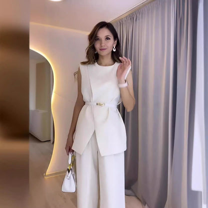 Solid Color Round Neck Sleeveless Top High Waist Wide Leg Pants Two-piece Set