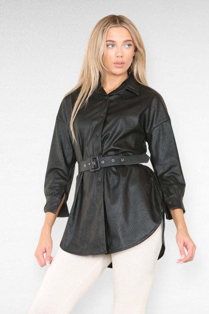 Faux Leather Belted Look Shirt