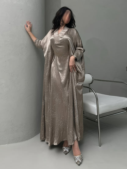 Elegant Blue Rhinestone Abaya - Modest Long Sleeve Pullover Maxi Dress for Women, Traditional Arabic Style, Perfect for Spring/Summer, Elegant Attire | Traditional Abaya | Polyester Fabric