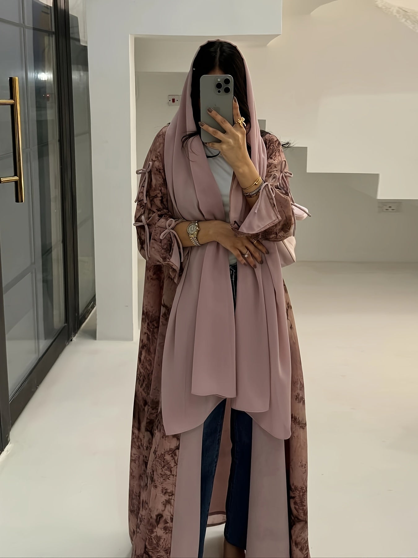 Elegant Chiffon Printed Abaya with Matching Hijab
