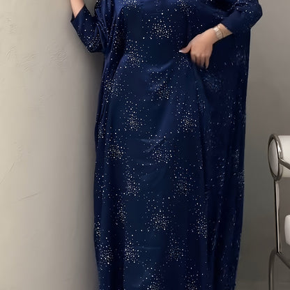 Elegant Blue Rhinestone Abaya - Modest Long Sleeve Pullover Maxi Dress for Women, Traditional Arabic Style, Perfect for Spring/Summer, Elegant Attire | Traditional Abaya | Polyester Fabric